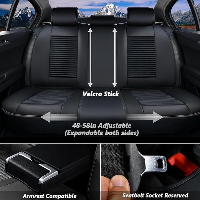 Coverado Car Seat Covers, Waterproof Nappa Leather Seat Cushion for Cars 5 Seats, Front and Rear Automotive Seat Cover Car Accessories, Universal Fit for Most Cars SUV Trucks, Full Set, Black - Image 3