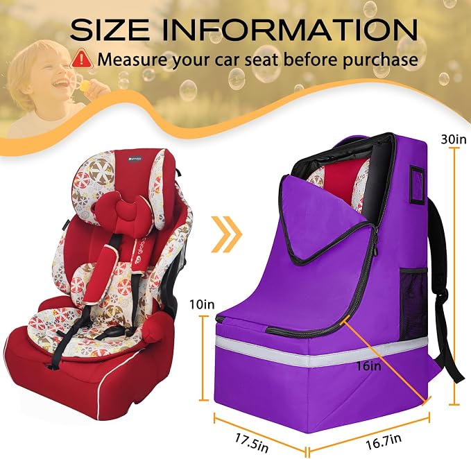 LARIPOP Car Seat Travel Bag for Airplane, Universal Gate Check Car Seat Bag, Padded Backpack with Waist Belt, Reflective Strips & Protective Feet, Fits Infant Convertible Booster Seats, Purple - Image 2