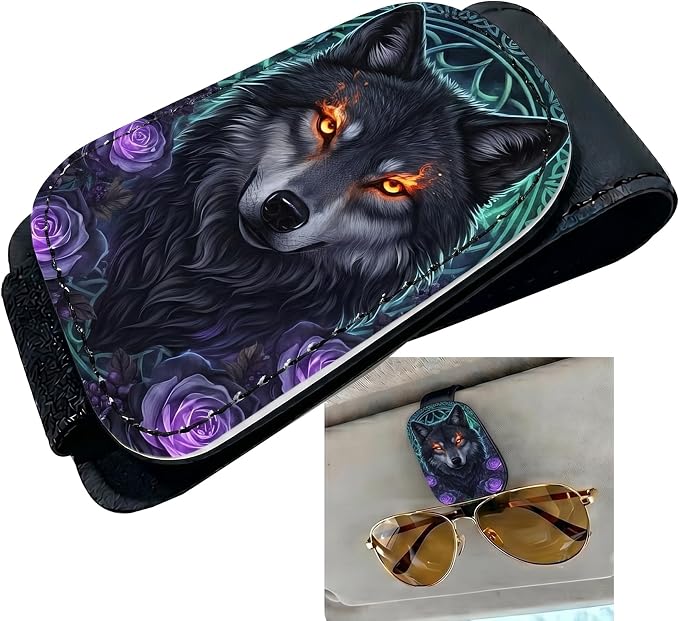 Rose Wolf Car Sunglasses Holder Universal Magnetic Visor Accessories | Floral Wolf Cars Accessories Leather Glasses Clip for Sun Visor Eyeglass Hanger Organizer for Women and Men Gifts Decor by TRXYQ
