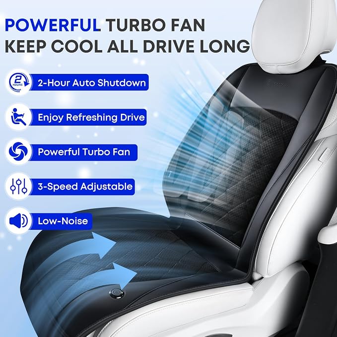 [2026 Upgrade] Cooling Car Seat Cover Ventilated Seat Cushion Summer Driving 12V-24V Ventilated Car Seat Cushion with 2 Powerful Turbo Fans with 3-Speed Adjustable Universal Fit Most Car-Slight Black - Image 5