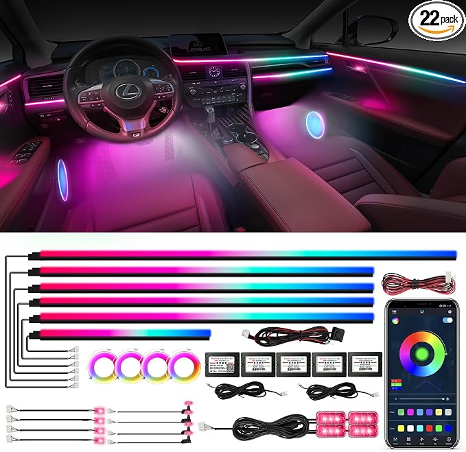 Dreamcolor Acrylic Ambient Lighting Car Lights – Wireless APP Control, Music Sync, Dynamic RGB Interior Car LED Strip Light Kit, 22-in-1 Customizable LED Neon Light Kits for Car Interior by WEBUPAR