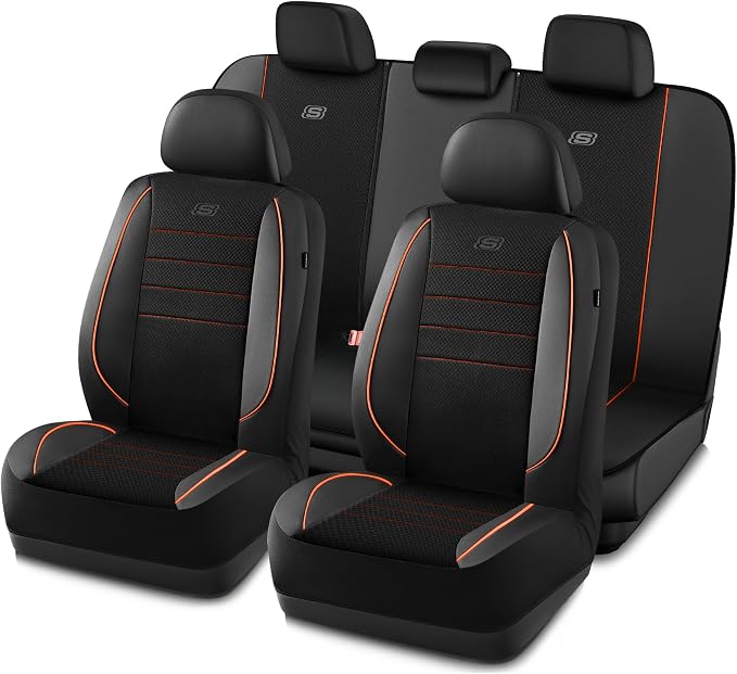Skechers Air-Cooled Memory Foam Seat Covers,Mesh Thick Car Seat Covers,Piping Leather Car Seat Cover,Airbag Compatible,Automotive Comfort for Most Cars, Vans, Trucks, SUV(Brown, Full Set) by Unknown