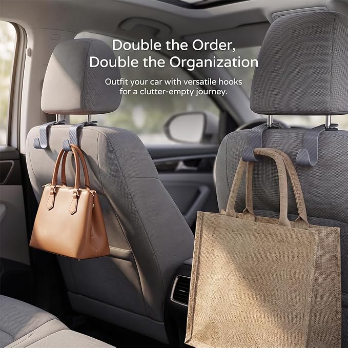 4 Pack Headrest Hooks for Vehicle Seats, Carbon Fiber/Gray | rear-row hanging storage, supports bags coats and groceries, fits matching headrest posts, interior accessory - Image 6
