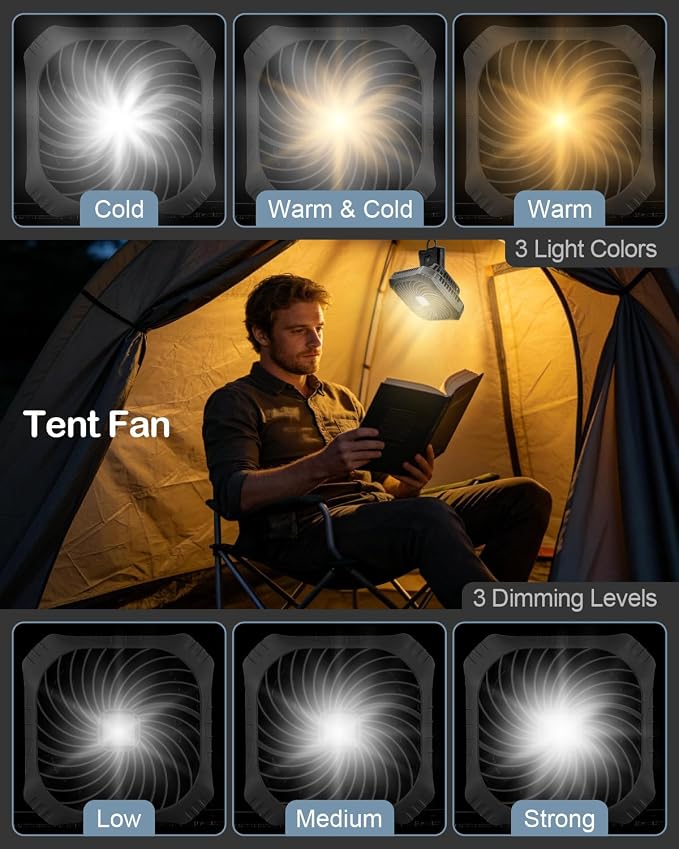 Odoland Portable Camping Fan with LED Lantern, 40H Rechargeable Battery Fan | Quiet Tent Fan with Hanging Hook for RV Car Beach Outdoor Hurricane Emergency Outages, 4-Speed Wind & 3-Color Light, Black - Image 5