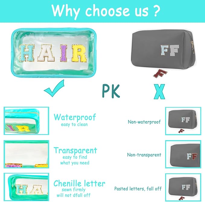 Bunliuys Chenille Letter Clear Makeup Bag Hair Patch, Travel Toiletry Makeup Bag with Handle, Nylon Waterproof Makeup Bags clear cosmetic bag, preppy patch makeup bag for Women (HAIR-Mint Green) - Image 4