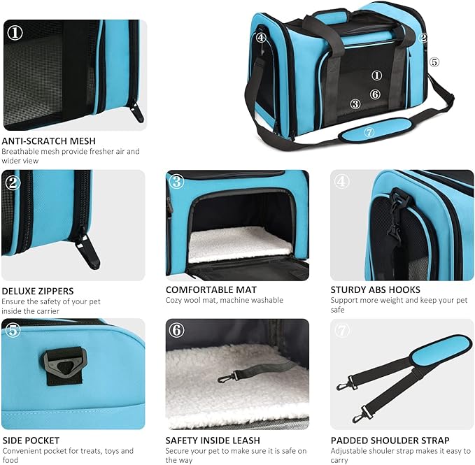 Henkelion Pet Carrier for Small Medium Cats Puppies up to 15 Lbs, Airline Approved Small Dog Travel Puppy Carrier Soft Sided, Collapsible - Blue - Image 3
