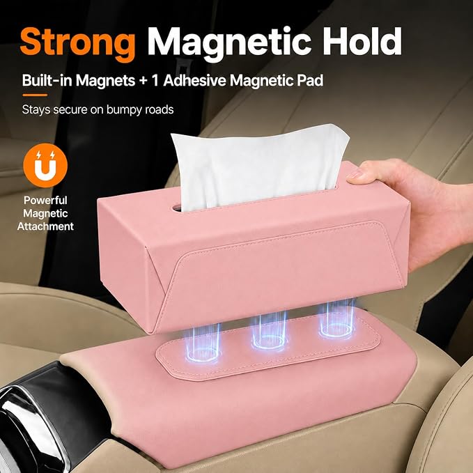 Car Tissue Holder with Magnetic & Strap Mount, Pink, 1 Pack | PU Faux Leather, For Sun Visor, Seat Back, Console, Refrigerator, Fits Standard Tissue Packs - Image 7