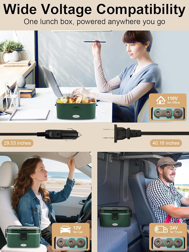 SOHIDA 1.8L Heated Lunch Box, 80W Electric Lunch Box with Long-handled Utensils for Adults, 12V/24V/110V Lonchera Eléctrica Portátil, Portable Food Warmer for Car/Truck/Office - Green - Image 4