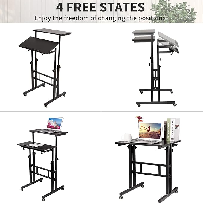 SIDUCAL Mobile Standing Desk, Portable Stand Up, Small Adjustable Converter with Wheels Home Office Workstation, Rolling Desk Laptop Cart for Standing or Sitting, Black - Image 8