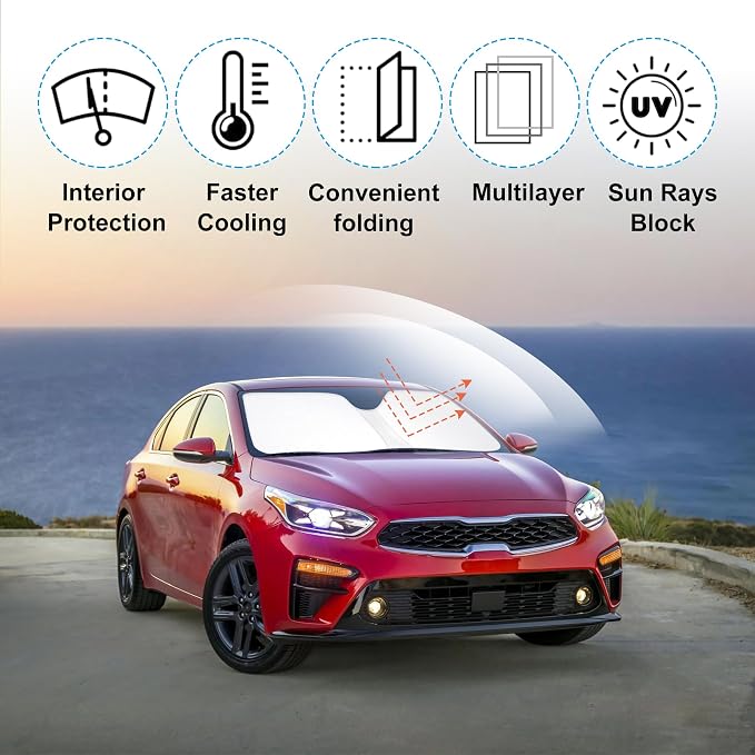 Windshield Sun Shade Sunshade for 2019-2024 2025 Kia Forte | Full covered for windshield, Foldable & Durable, Block UV Rays, Reduce Heat, Easy to install, Keeps Car Cooler - Image 2