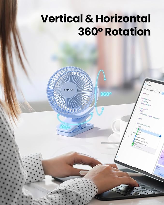 Gaiatop Portable Clip on Fan, Mini Personal Quiet Rechargeable Fan | Battery Operated, Small 3 Speed 360° Rotate, Cooling for Desk Table Home Office Stroller Camping Women Gifts Light Blue - Image 2