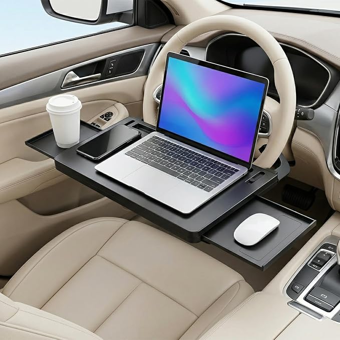 2 in 1 Steering Wheel Desk Dual Slide - 15"Out Trays Laptop Holder | Adjustable Laptop Tray,Car Seat Gap Filler Organizer with Tablet Slot Anti Slip Surface for Eating Writing Working for Car - Image 8