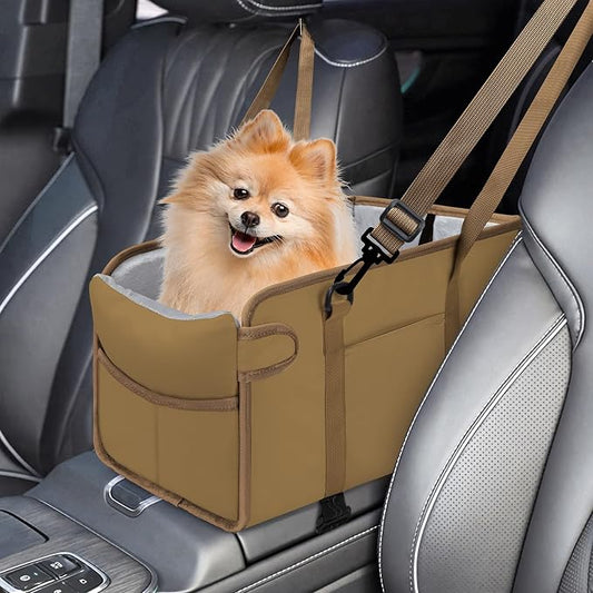 Portable Dog Car Seat for Small Dogs, Puppy Car Seat, Khaki | Booster Seat With Safety Leash & Adjustable Straps Keeps Small Dogs Secure. Removable Washable Cushion. Fits Most Cars. by NECKORY