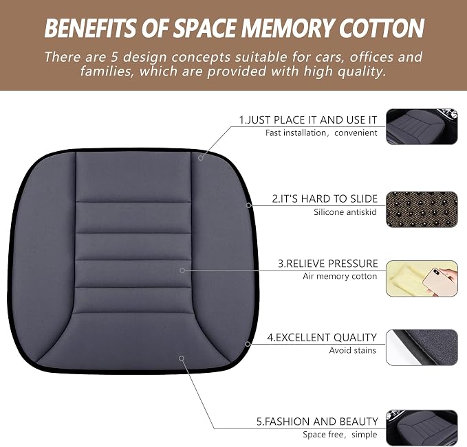 MYFAMIREA 2PCS Car Seat Cushion Pad 1.2" Thick Comfort Seat Protector for Car Driver Seat Office Chair Home Use Memory Foam Seat Cushion with Non Slip Bottom, 20'' x 18.5'', Dark Gray - Image 2