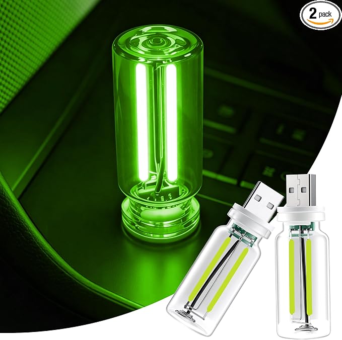 iFunyLED Car Interior USB LED Night Light, Portable Touch dimmable Car Ambient Lighting Kit, Retro Mini Transparent Glass Bottle Lamp Decorations for Vehicle Camping Bedroom Hallway, Pack of 2(Green) by iFunyLED