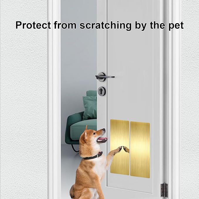 Dog Door Protector from Scratching, Steel Guard, Brushed Gold 8"x16" | Prevents Claw Marks & Scuffs, Smooth Rounded Corners, Self-Adhesive Install, Anti-Scratch Kick Plate, 2 Pcs - Image 3