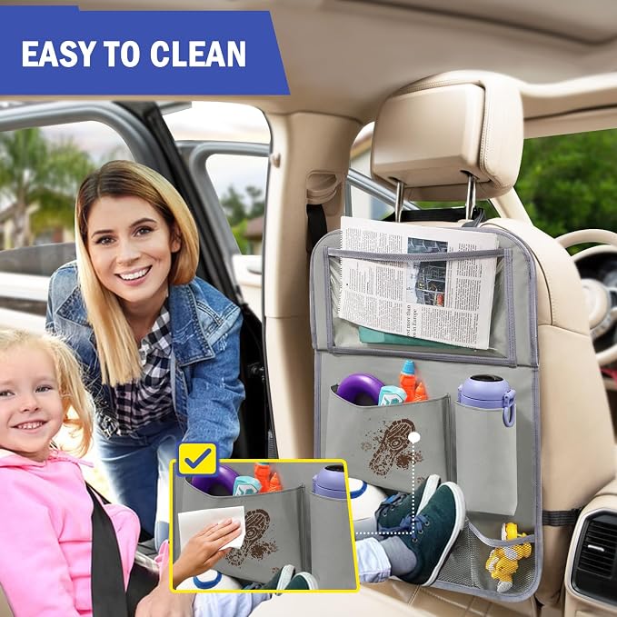 2Pack Car Backseat Organizer with Foldable Table Tray,6 Storage Pockets Car Storage Organizer with Tablet Holder,Car Seat Back Protectors Kick Mats Travel Accessories (Grey) - Image 6