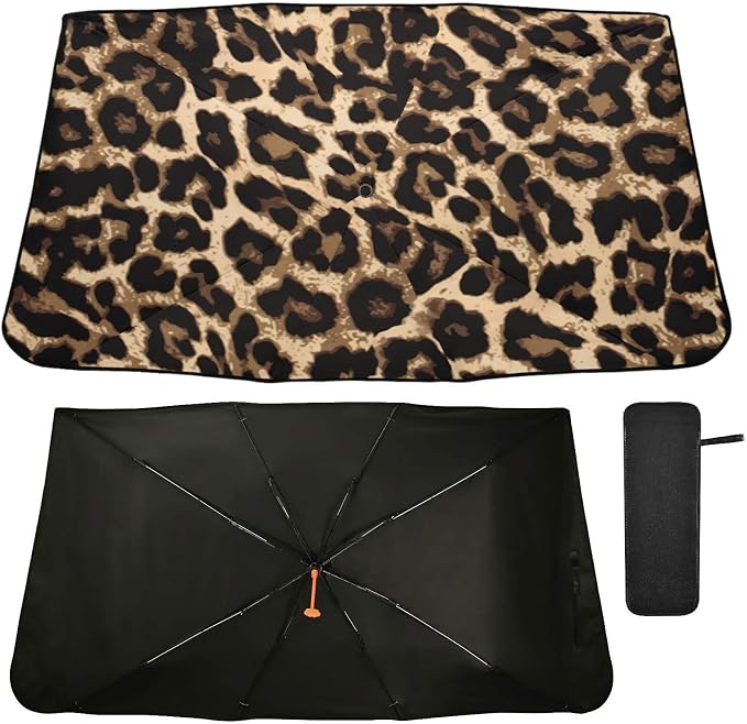 Leopard Print Windshield Sun Shade Umbrella Foldable Animal Car Front Window Sunshade Blocks UV Rays Heat Keep Vehicle Cool (55" x 27.5") by Oarencol