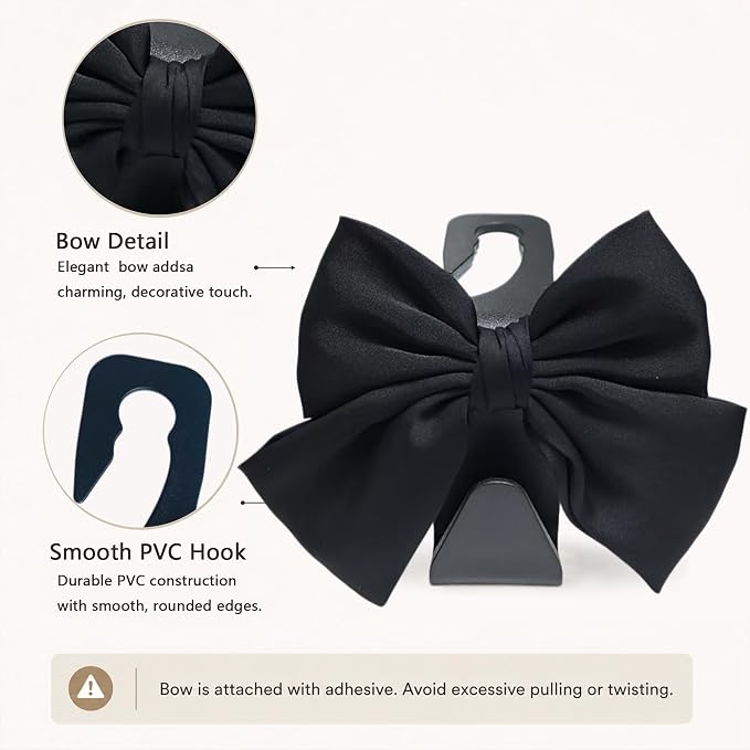 2-Pack Cute Bow Car Purse Hooks, Headrest Hangers, Black silk | Cute bow hooks keep purses and bags organized within reach while saving space; fits most car headrests - Image 4