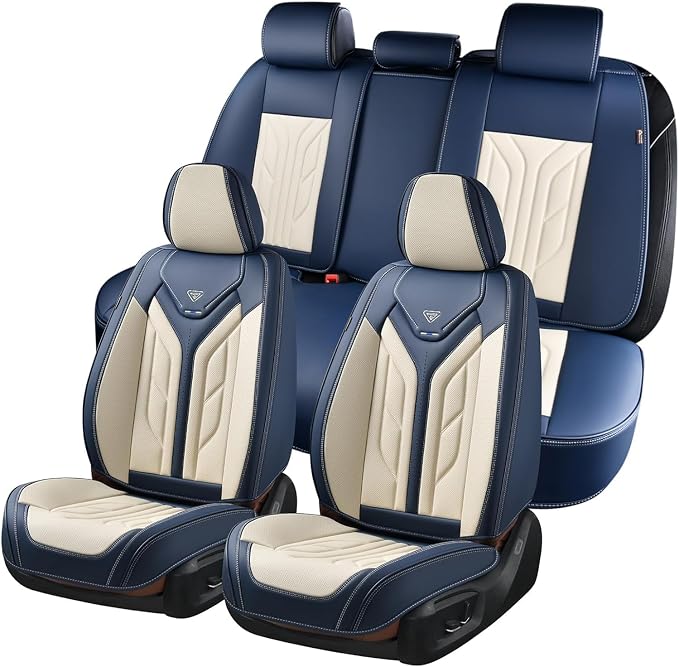Coverado Car Seat Covers Full Set, Leather Seat Covers for Cars, Waterproof Automotive Seat Covers Car Seat Protectors Car Accessories Universal Fit for Most Sedans SUV Pick-up Truck(Blue&Beige) by COVERADOAUTO