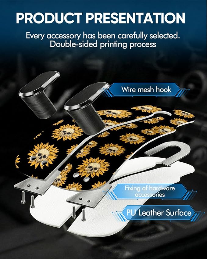 WOCOCN Purse Holder for Car, 2 Pack Heavy Duty Purse Hanger for Car | PU Leather Car Seat Hooks for Purses and Bags, Cute Floral Headrest Organizer for Handbags & Backpacks, Sunflower Skull - Image 6