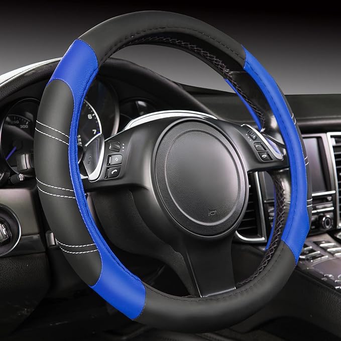 CAR PASS Line Rider Microfiber 14 Inch Leather Sporty Steering Wheel Cover Universal Fits for Truck,SUV,Cars, Anti-Slip Safety Comfortable Desgin (Black-Blue) by CARPASS
