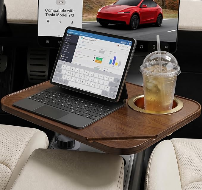 360° Adjustable Tesla Table: Car Tray Holds 2 Laptops (8kg) - 90% Less Shake on Rough Roads - Tool-Free 3s Setup - Solid Wood Platform - With cup holder - car desk for laptop by Wexyldra