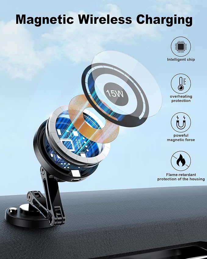 ZBF Magnetic Wireless Car Mount Charger, 15W Fast Charging for MagSafe Car Mount,Magnetic Car Phone Holder Mount, Car Cell Phone Holder Fit iPhone 17 16 15 14 13 12 All Smartphones - Image 2