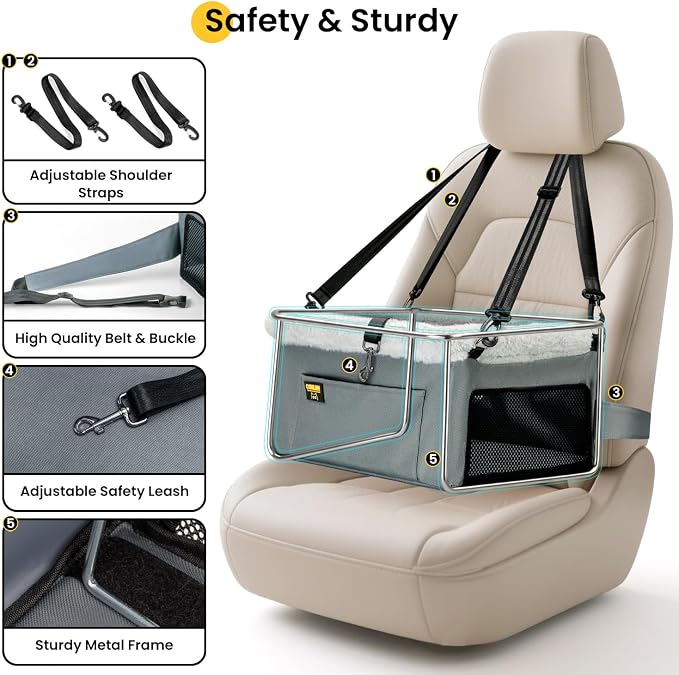 Conlun Dog Car Seat Booster | Steel Frame Anti-Collapse | Small Pet | Grey | Heavy-duty Oxford | Rigid Skeleton Stops Wobbling | Leash Prevents Escapes | Elevated Pet Booster for Calm Car Trips - Image 4