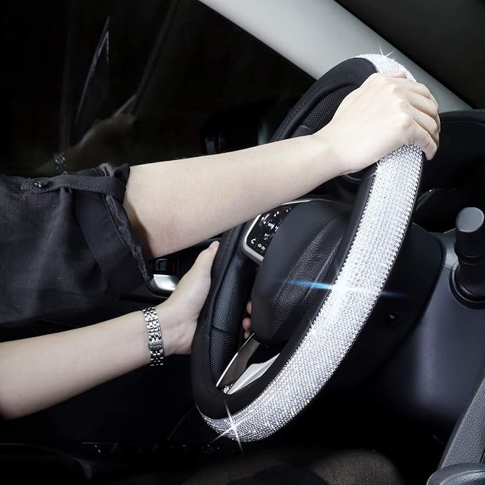 New Diamond Leather Steering Wheel Cover with Bling Crystal Rhinestones | Universal Fit 15 Inch Car Wheel Protector for Women Girls Black - Image 2