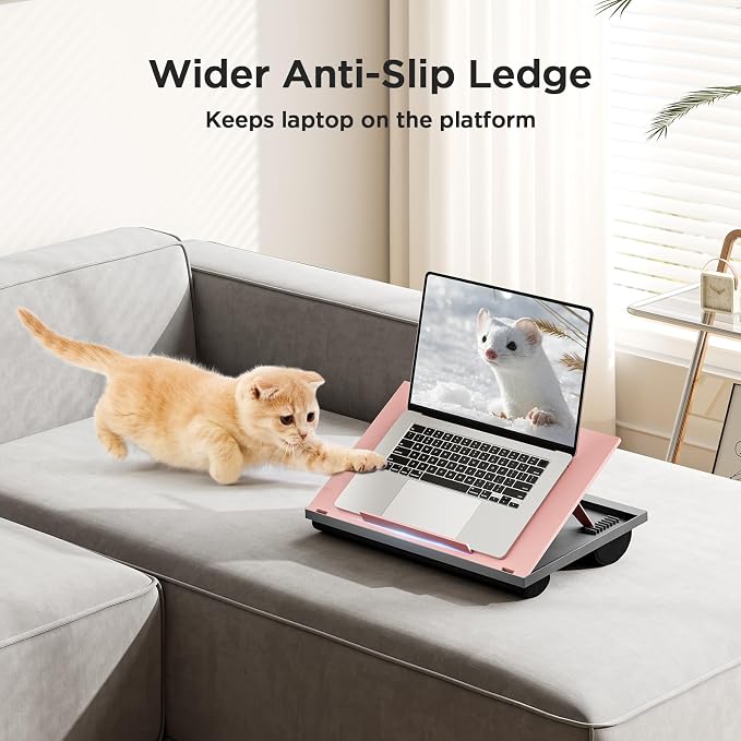 HUANUO Lap Desk with 8 Adjustable Angles – Up to 15.6" Laptop, Pink | Dual-cushion base, carry handle, 30% thicker for durability, wider anti-slip ledge, for home office, sofa, bed, car - Image 5
