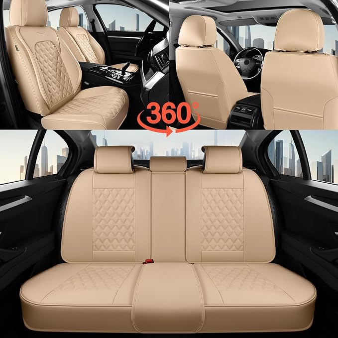 Coverado Full Set Leather Car Seat Covers, Waterproof Faux Leather Seat Covers, Beige Car Seat Protectors, 5 Seats, Universal Fit for Most Cars & SUVs-Beige - Image 7