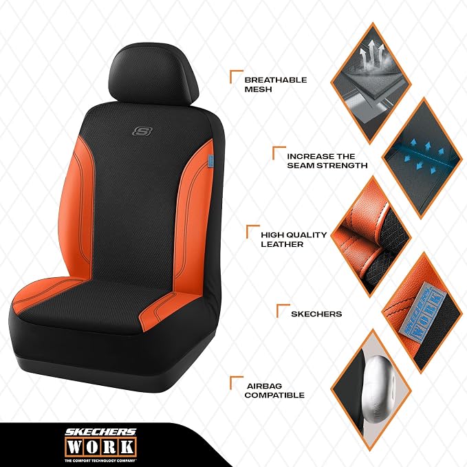 Skechers Work Seat Covers, Leather Car Seat Covers 5-Times Stronger Built-in Webbing, Oxford Fabric Front Seat Cover, Airbag Compatible, Automotive Comfort for Cars, Trucks, SUVs,Orange - Image 3
