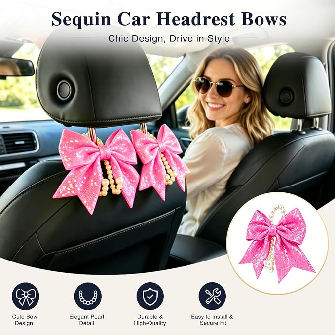 2 Pack Pearl Car Seat Headrest Hook with Bow & Sequin/Leopard/Polka Dot Design – Cute Purse Hanger for Vehicle,Grocery Bags, Umbrellas, Seat Back Organizer for Women (Rose Pink Sequins) - Image 2