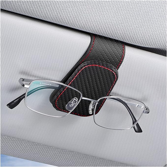 AICEL Magnetic Sunglasses Holders for Car Sun Visor, Carbon Fiber Black | Leather Eyeglasses Hanger Mounter, Magnetic Glasses Holder and Ticket Card Clip, Car Accessories, Universal Fit by AICEL
