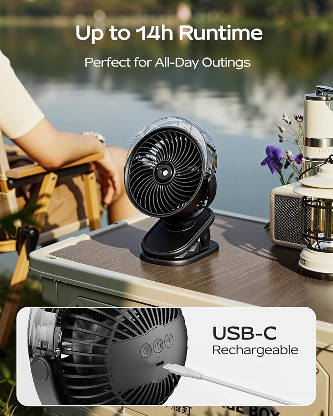 SWEETFULL Portable Misting Clip On Fan, USB-C Rechargeable Mini Personal Cooling Fan with 4 Speeds, 360° Rotatable, Quiet Cooling for Outdoor, Camping, Golf Cart, Travel, Stroller & Desk (Black) - Image 7