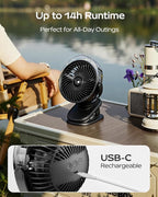 SWEETFULL Portable Misting Clip On Fan, USB-C Rechargeable Mini Personal Cooling Fan with 4 Speeds, 360° Rotatable, Quiet Cooling for Outdoor, Camping, Golf Cart, Travel, Stroller & Desk (Black) - Image 7
