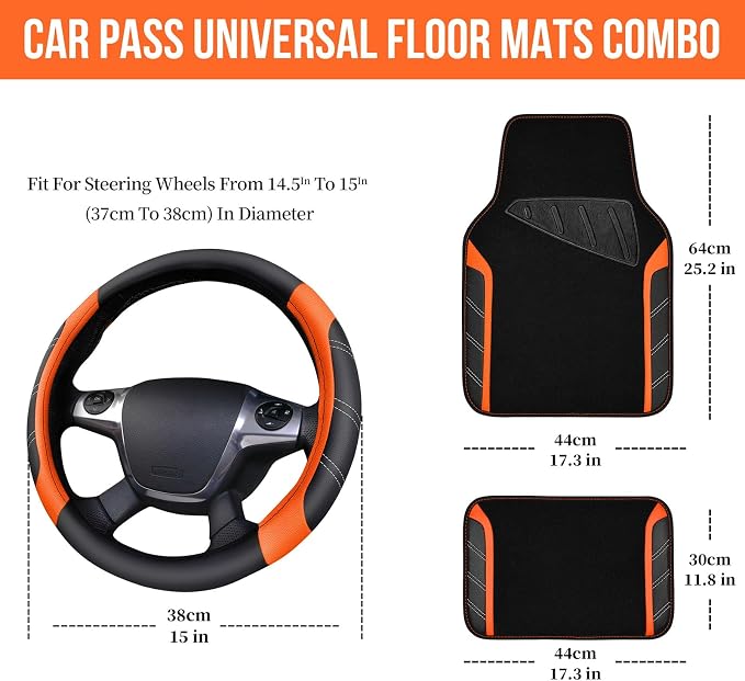 CAR PASS Leather Steering Wheel Cover and Waterproof Car Floor Mats,Microfiber Universal Car Combo Fit for 95% Sedan SUV Van Truck,14.5-15inch Sporty Anti-Slip Safety Comfortable Design, Black＆Orange - Image 2
