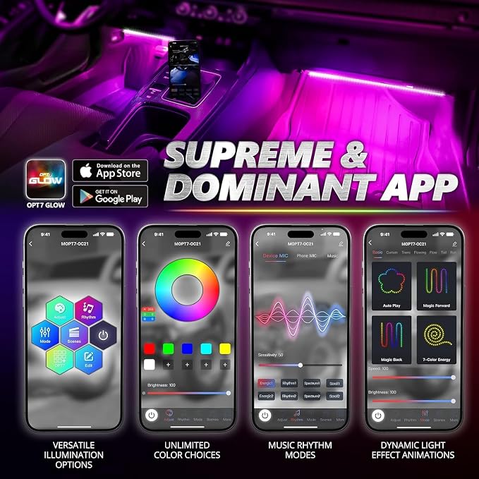 OPT7 Aura Pro Multicolor Interior SUV & Van Lights w/App & Remote, 6PC Kit | Extended Interior Lighting, RGB Ambient Footwell Glow, Full SUV Coverage, Sound Sync, 3-Row Car Decor, 12V LED Strips - Image 3
