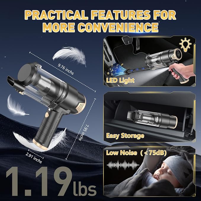 KMM Handheld Car Vacuum Cleaner, 16000PA Hand Held Vacuum & Air Duster | Strong Suction, 120W High Power, Portable, Cordless, Rechargeable, Multi-Nozzles & LED Liht, for Home, Car, Office, Pet - Image 7