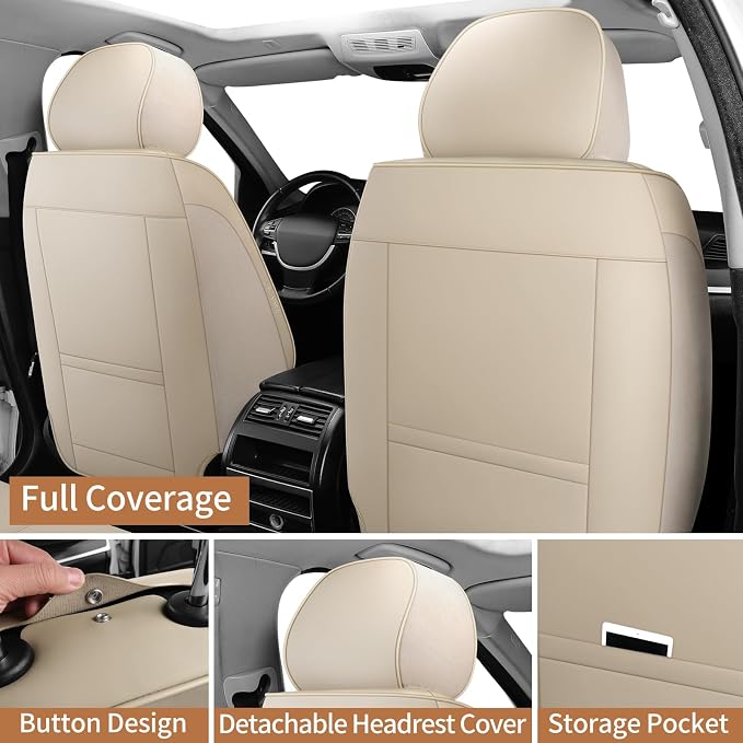 Leather Front Car Seat Covers Automotive Seat Protectors | Breathable，Waterproof，Durable，Full Surround & Lumbar Support Design，Non-Slip，Universal Fit for Most Cars SUV Trucks Van，Beige - Image 6