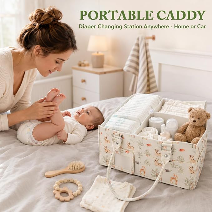 ABOOFAN Baby Diaper Caddy Organizer with Removable Dividers and Handle | Deer Print Felt Nursery Storage Bin, Holds Diapers, Wipes and Newborn Essentials, Portable for Changing Table, Car & Bedside - Image 2