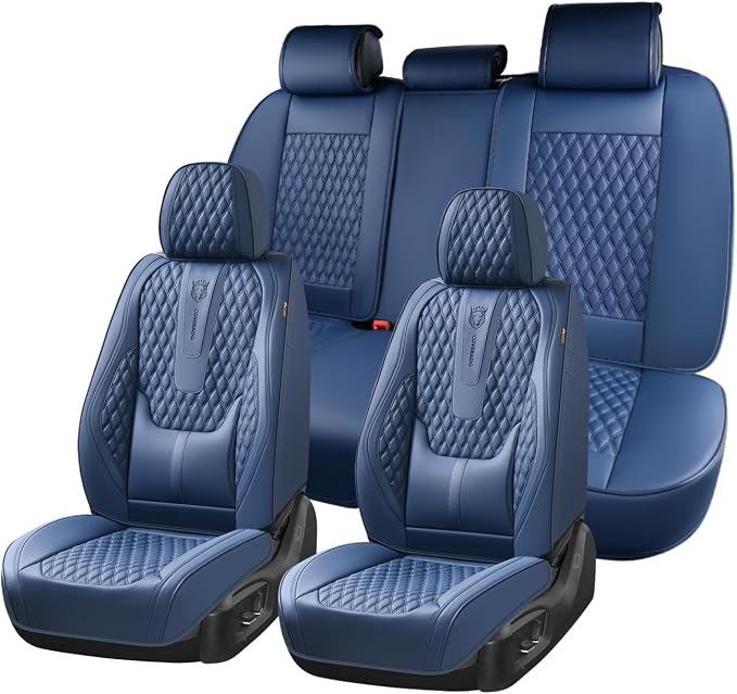 Coverado Car Seat Covers Full Set, Nappa Leather Seat Covers for Car, Waterproof Car Seat Protector with Lumbar Support, Automotive Seat Covers Universal Fit for Most Cars SUV Trucks (Blue) by COVERADOAUTO