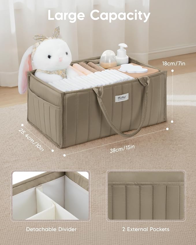 Maliton Baby Diaper Caddy Organizer for Changing Table, Brown | Portable Car Diaper Organizer Caddy with 2 Side Pockets - Versatile Storage Basket for Wipes and Baby Essentials - Image 2