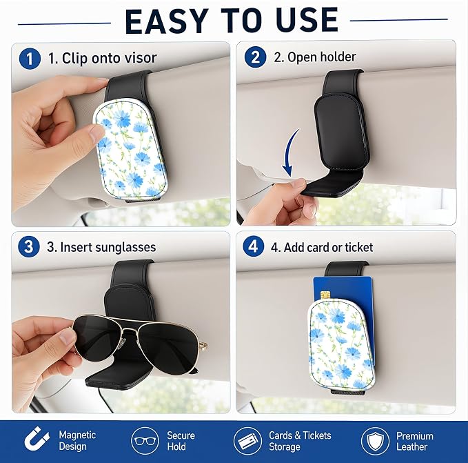 Leather Magnetic Sunglass Holder for Car Sun Visor, Cute Eyeglass Ticket Card Hanger Clip, Universal Auto Interior Accessories for SUV Pickup Truck, Blue Floral - Image 5