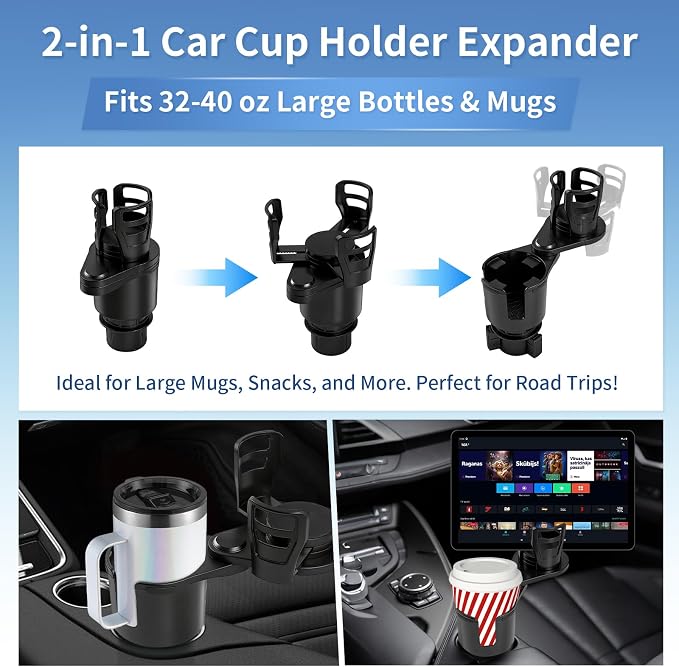 2 in 1 Car Cup Holder Expander, Adjustable Base (2.6-3.9") Dual Cup Holder Extender for Car, Universal Large Drink Holder Adapter Fits 32/40 oz Yeti, Hydro Flask, Mugs & Bottles, 360° Swivel - Image 2