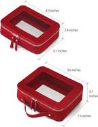 Clear Toiletry Bag 2 Pack, Travel Makeup Bag Medium and Large Red | Structured Clear Cosmetic Case with Zipper, Car Essential Organizer Bag for Women, Waterproof PU Leather, Wide Open Portable - Image 2