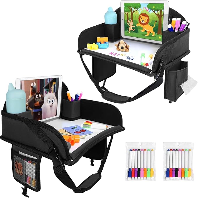 Kids Travel Tray for Toddler Car Seat, Road Trip Activities for Kid | Road Trip Essentials Accessories Lap Tray with iPad Holder Stand & Dry Erase Board as Travel Gifts for Kid,2PC by WENRENER