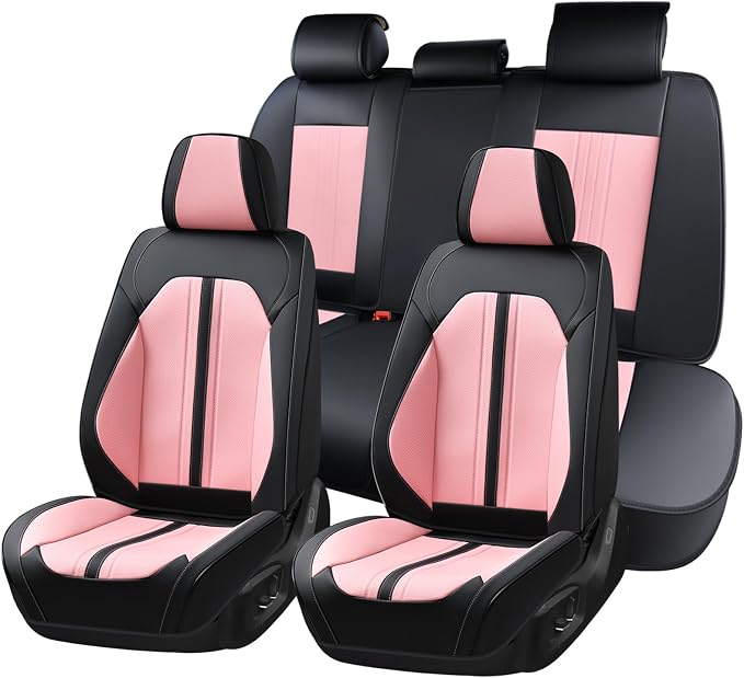 Huidasource Seat Covers Full Set, Luxury Faux Leather Seat Covers, Velcro Adjustable, with Airbags, Thinning Design Perforation Cooling＆Heating Universal Fit for Most Cars Vans Trucks SUVs, Black&Pink by Huidasource