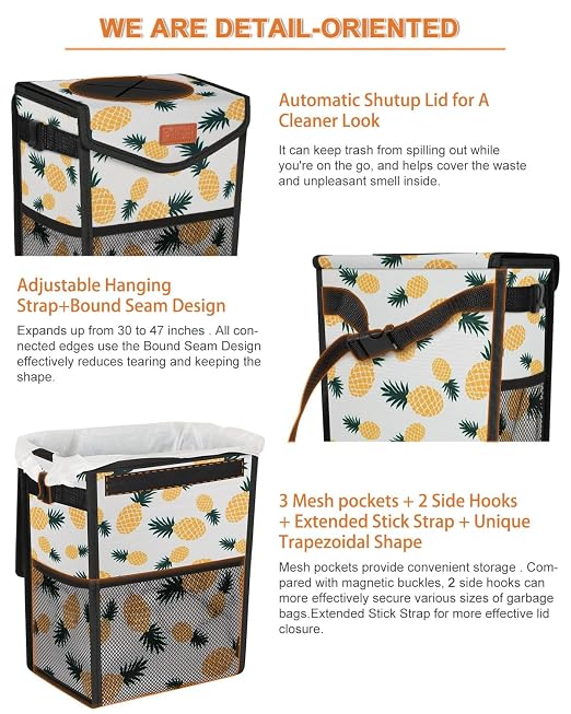 Pritent Car Trash Can with Lid Leakproof Car Garbage Bag Vehicle Trash Bin | Hanging Automotive Garbage Can,Multipurpose Car Accessories for Women Men Interior Car Storage Organizer(2.8 Gal,Pineapple) - Image 4